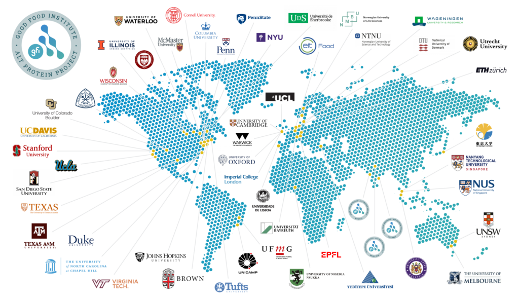 World map showing the location of fifty two global alt protein project student group chapters